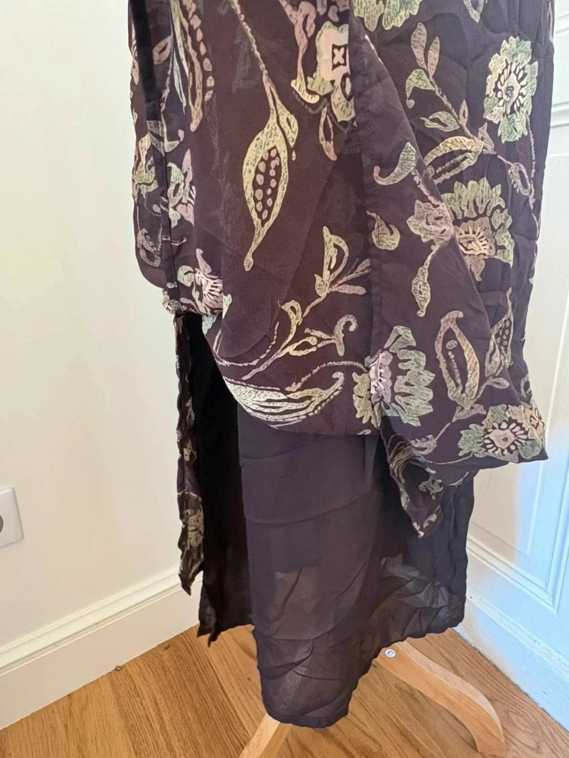 Falda larga vintage marrón con flores boho retro midi fluida recta con abertura Y2K talla 14 XL Kathie Lee – photo 2